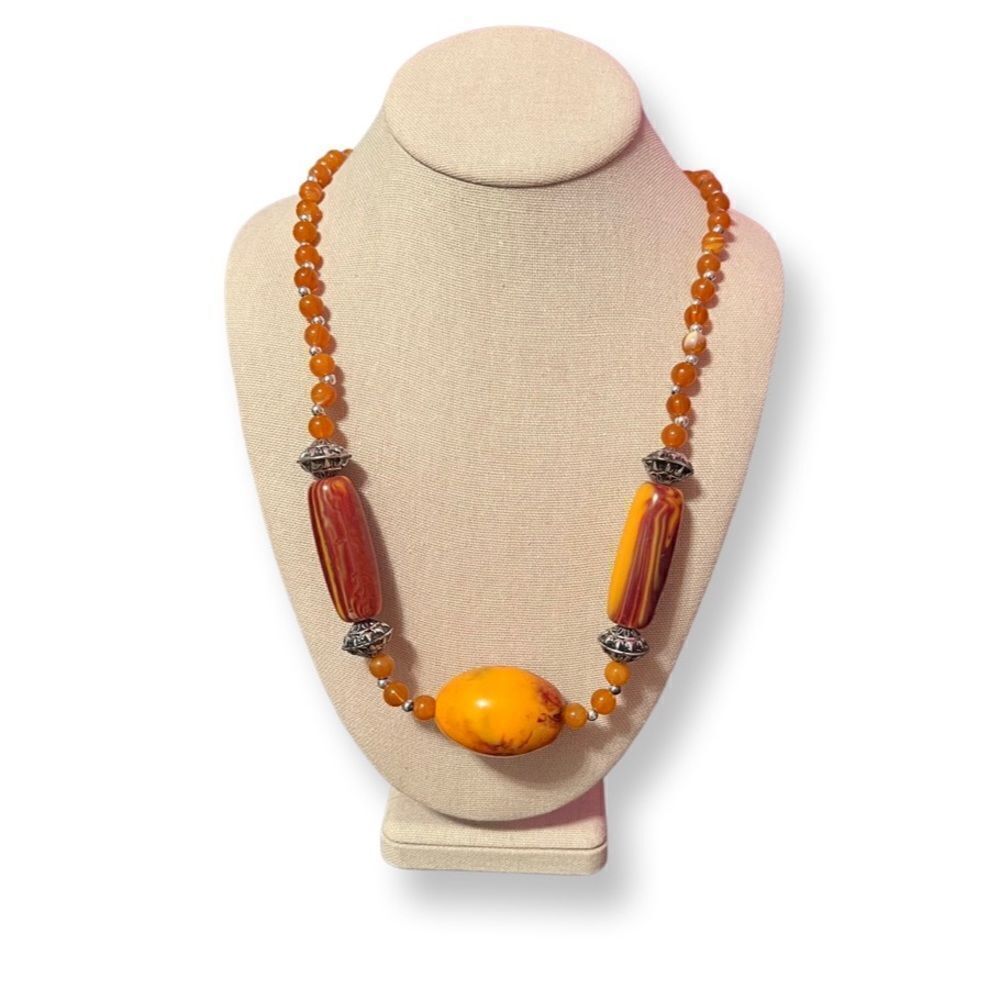 Vintage Amber And Yellow Beaded Silver Tone Statement Necklace